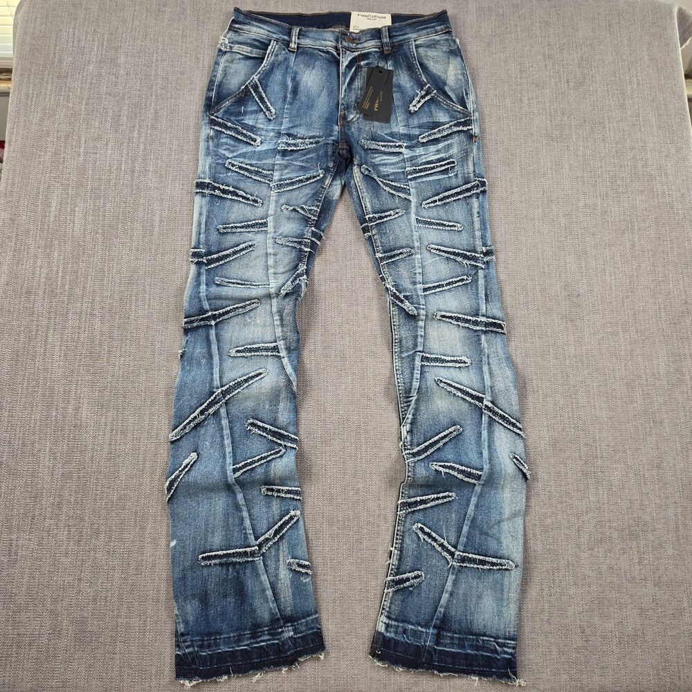 FWRD Denim New York Jeans Mens 32x36 Blue Distressed Ripped Stacked frayed Hype